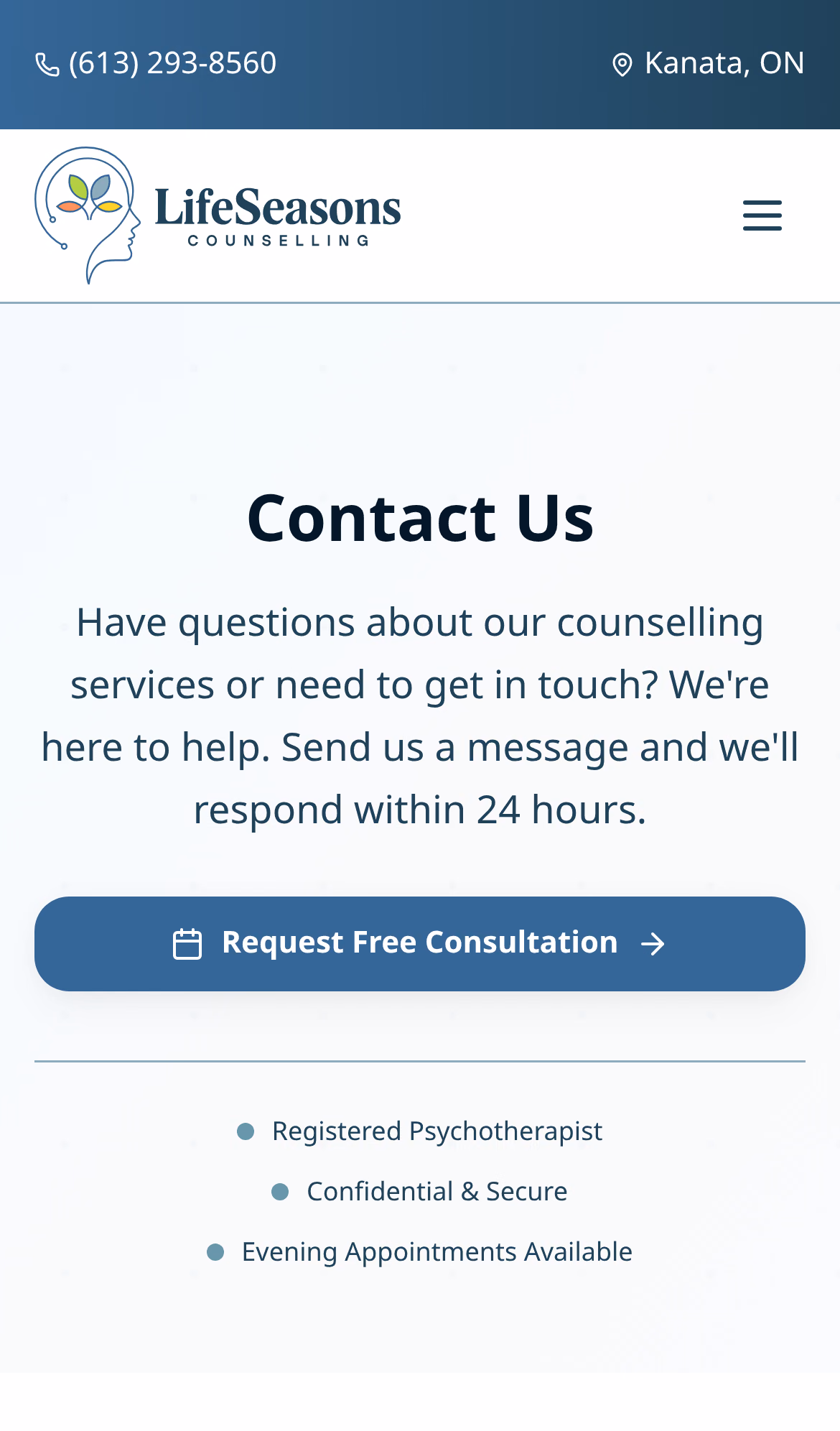 Life Seasons Counselling contact page (mobile)